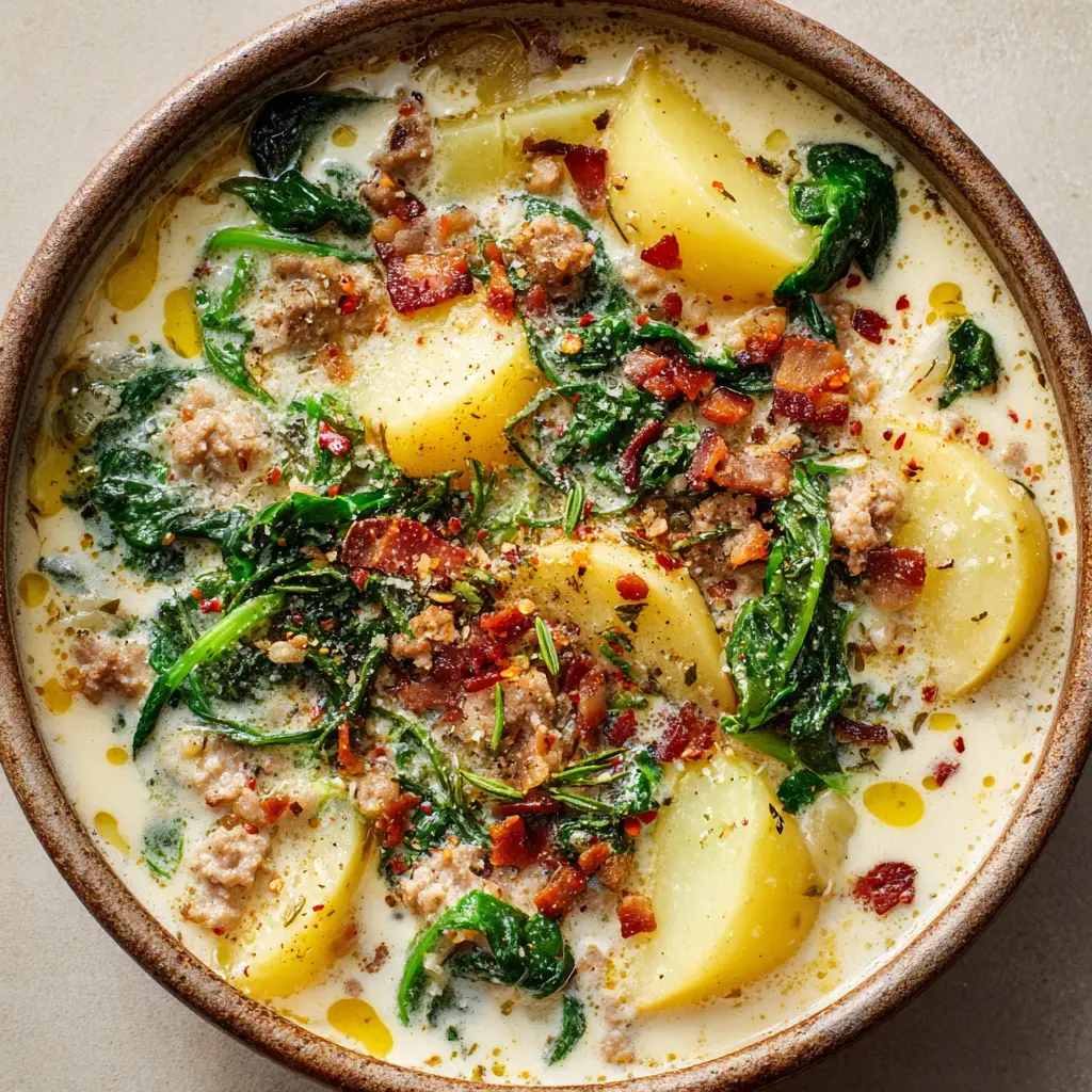 Creamy Zuppa Toscana Soup with Sausage and Spinach 1 Detailed shot of Zuppa Toscana Soup highlighting the tender thinly sliced yellow potatoes and deeply browned crumbly chunks of ground Italian sausage.
