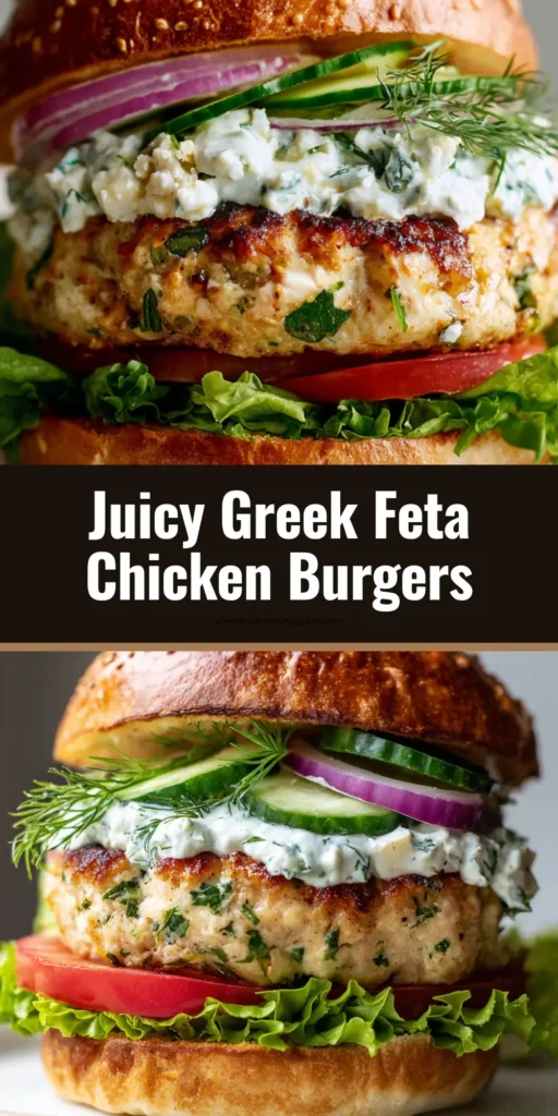 A towering, juicy Greek chicken burger on an artisan sesame bun with green lettuce, red tomato, feta-studded patty, thick tzatziki, cucumber ribbons, and red onion.