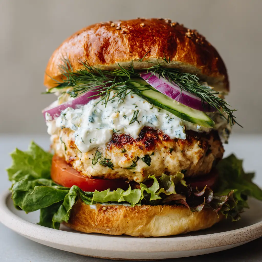 Close-up of a golden-brown ground chicken patty embedded with melted feta cheese, sitting on a bed of fresh green leaf lettuce and sliced red tomatoes.