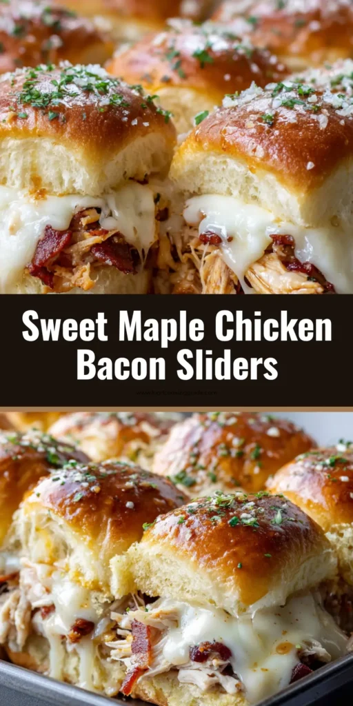 A pan of fresh baked Maple Chicken Bacon Sliders layered with cheese, chicken, and thick-cut bacon.