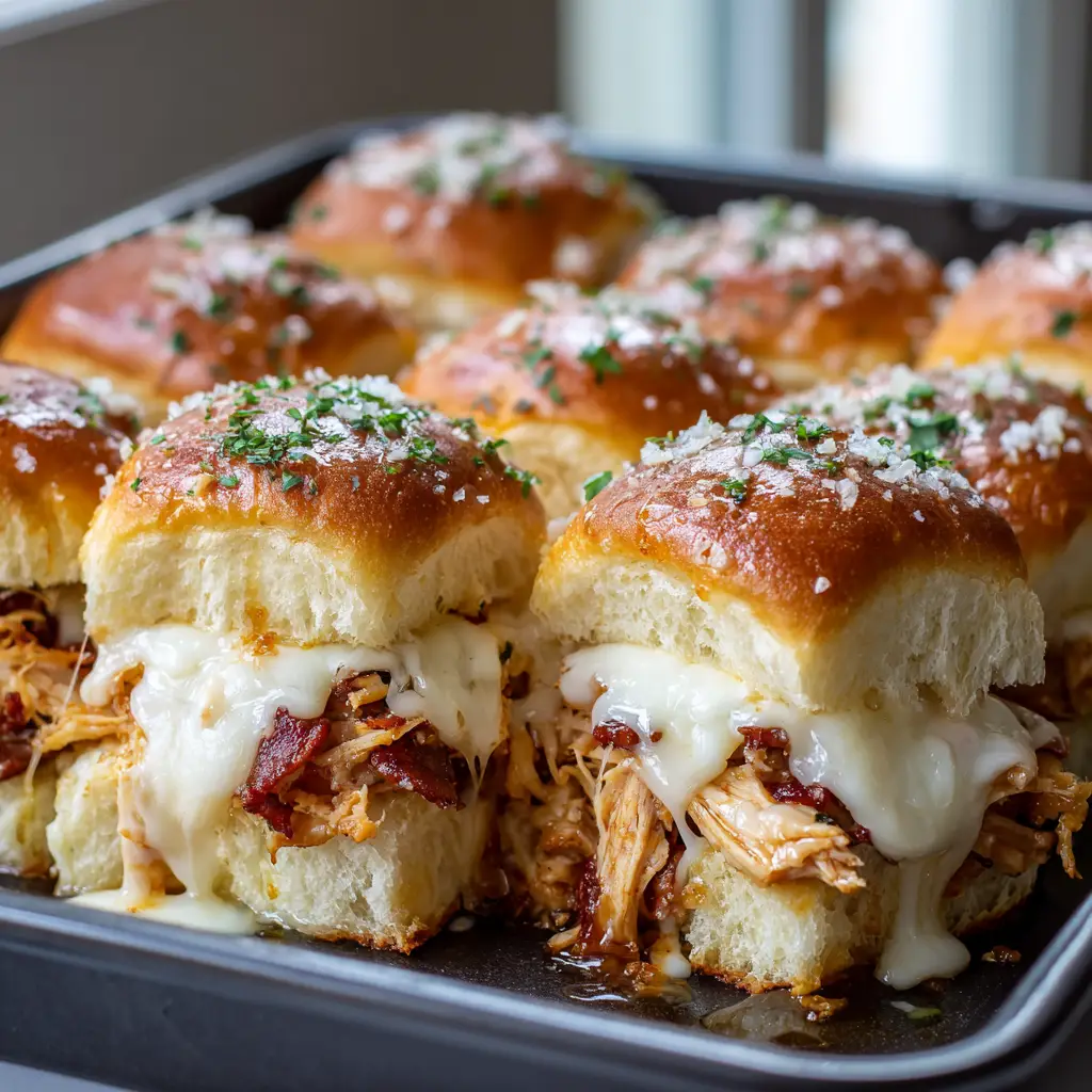 Close up of baked maple chicken bacon sliders in a dark metal baking pan with melted white provolone cheese and a shiny golden-brown crust.