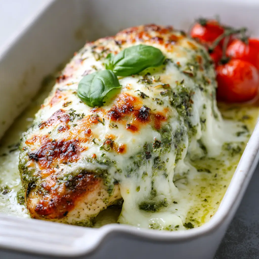 Easy Baked Pesto Mozzarella Chicken 1 Melted bubbling mozzarella cheese draping over pesto chicken inside a white ceramic baking dish.