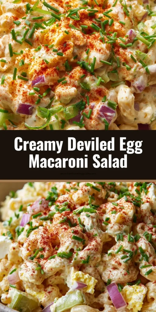 A large ceramic bowl filled with creamy Deviled Egg Macaroni Salad, garnished with paprika and chives.