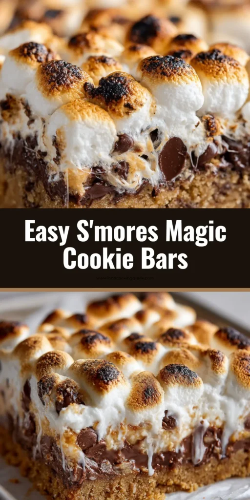 A stack of S'mores Magic Cookie Bars with a thick crumbly golden-brown graham cracker crust, dense layer of melted milk chocolate chips, semi-melted chunks, and blistered toasted mini marshmallows.