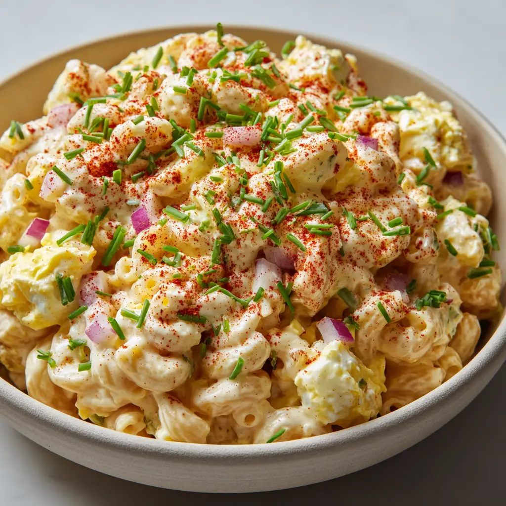 Close-up of Deviled Egg Macaroni Salad showing cooked elbow macaroni coated in pale yellow mustard-mayonnaise dressing with celery and red onion.