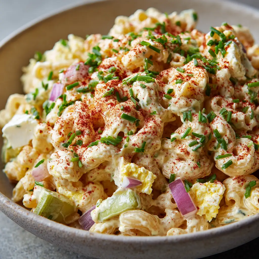Top view of creamy deviled egg macaroni salad dusted with bright red paprika powder and fresh green chives.