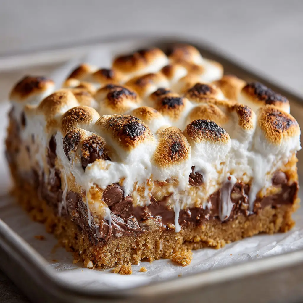 Close-up of a square-cut dessert bar sitting on white parchment paper inside a metal baking pan, highlighting the marshmallow stretch.
