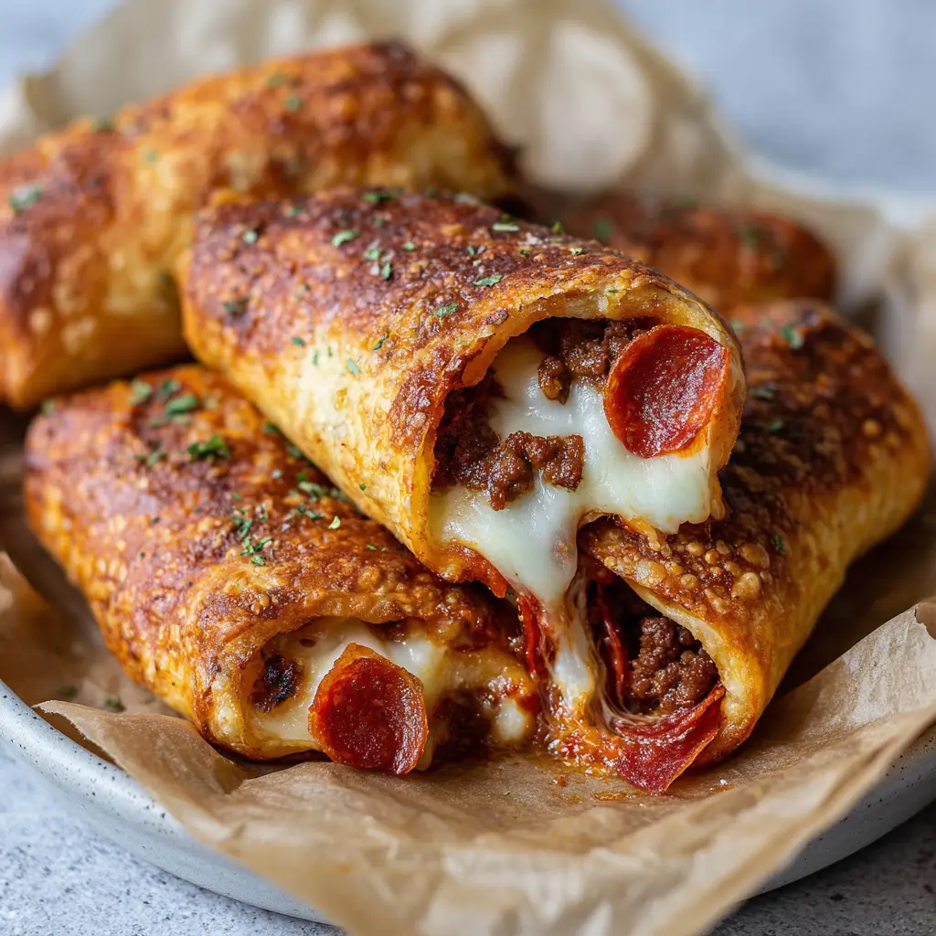 Ingredients for High Protein Pizza Rolls including mozzarella cheese, pepperoni slices, and lean ground beef on a light gray ceramic plate.