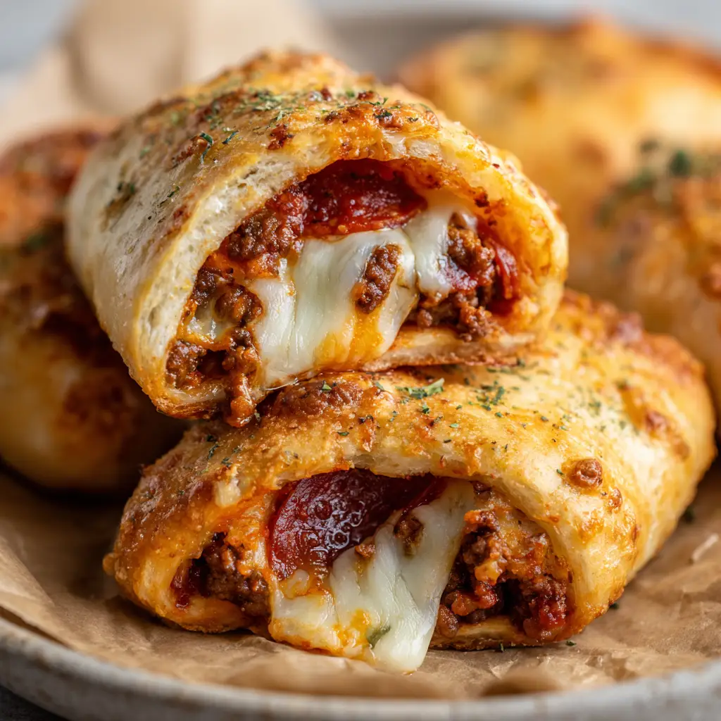 High Protein Pizza Rolls: Flaky, Cheesy, and Macro-Friendly 1 Close up shot of High Protein Pizza Rolls with melted mozzarella stretching slightly, mixed with charred red pepperoni.