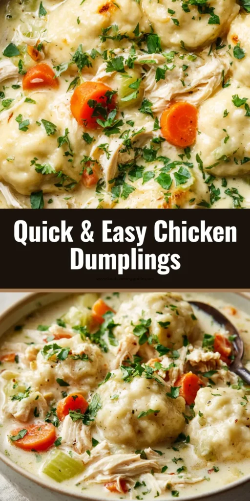 A rustic ceramic bowl filled with Quick Chicken and Dumplings featuring an opaque ivory broth, shredded chicken, and fluffy drop dumplings.