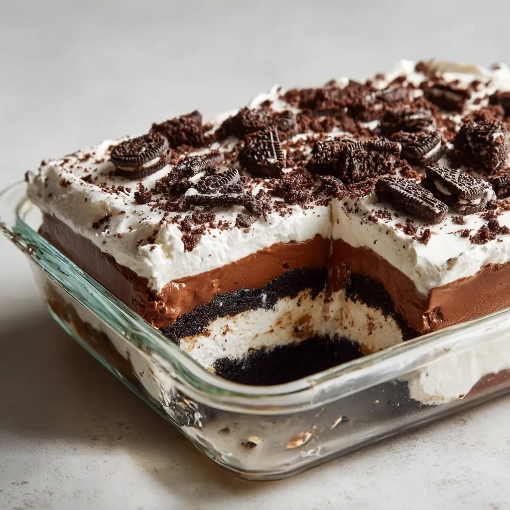 Ingredients for Oreo Lasagna including chocolate sandwich cookies, cream cheese, milk, heavy cream, and instant chocolate pudding.