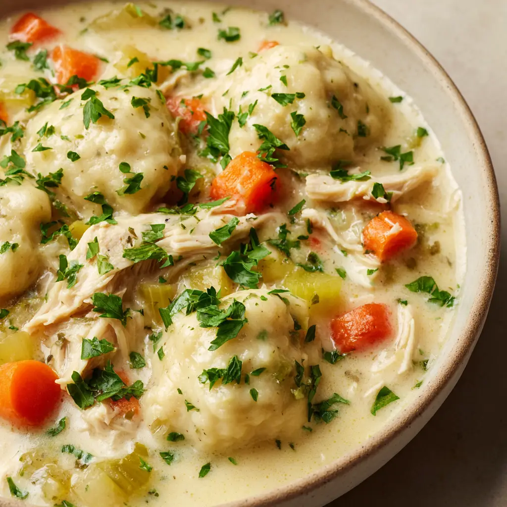 Large fluffy cooked drop dumplings resting on top of creamy chicken soup, garnished with chopped fresh green parsley.