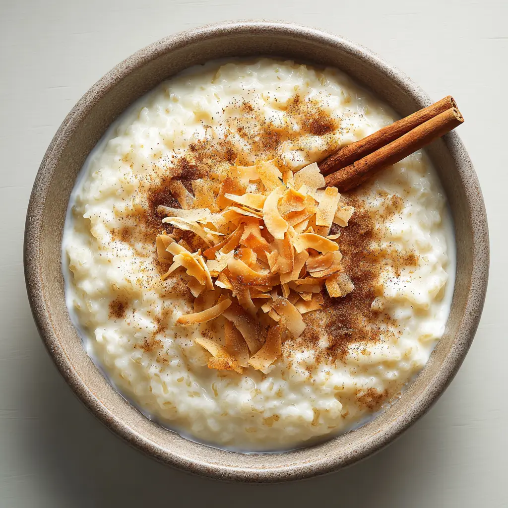 A close up view of a rich, glossy opaque coconut milk cream heavily folded with tender cooked white rice grains in a bowl.