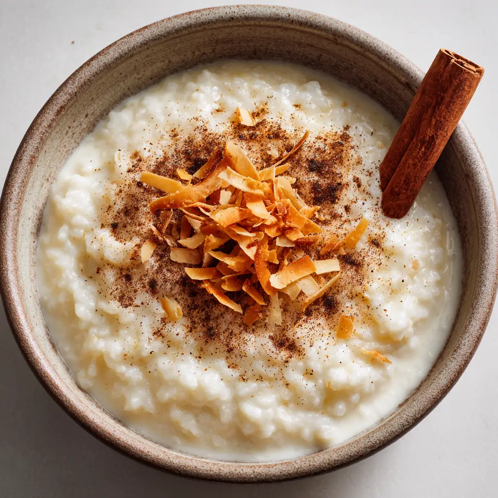 Overhead view of creamy coconut milk rice pudding dusted with finely ground brown cinnamon and topped with curled golden-brown toasted coconut flakes.