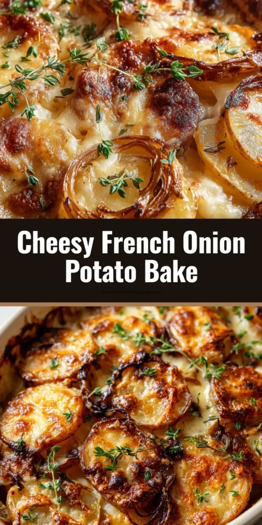 The Ultimate French Onion Potato Bake 4 A bubbling French Onion Potato Bake topped with melted Gruyere cheese and fresh thyme in an oval ceramic casserole dish.