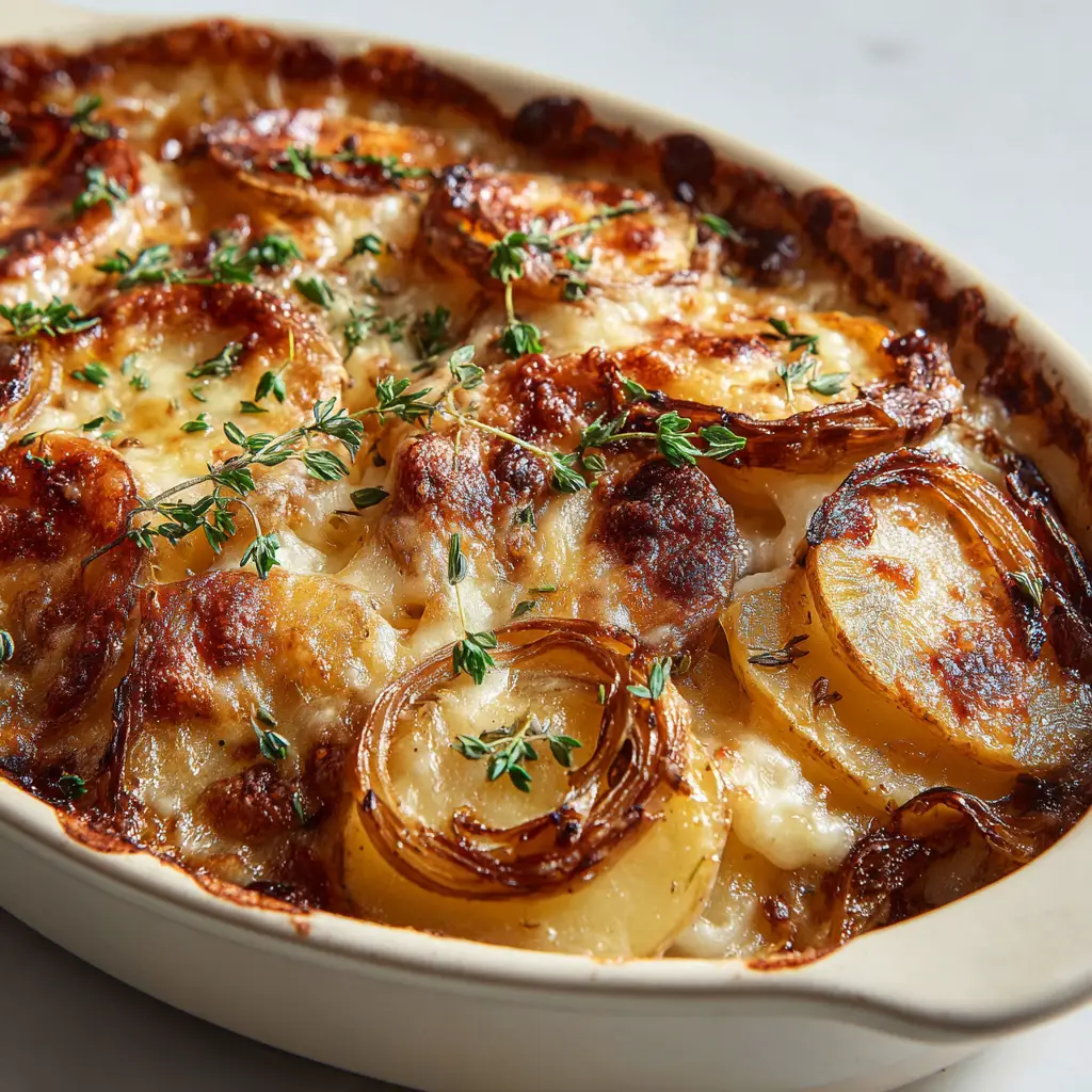 Thinly sliced Yukon gold potatoes and raw ingredients prepped for a French Onion Potato Bake.