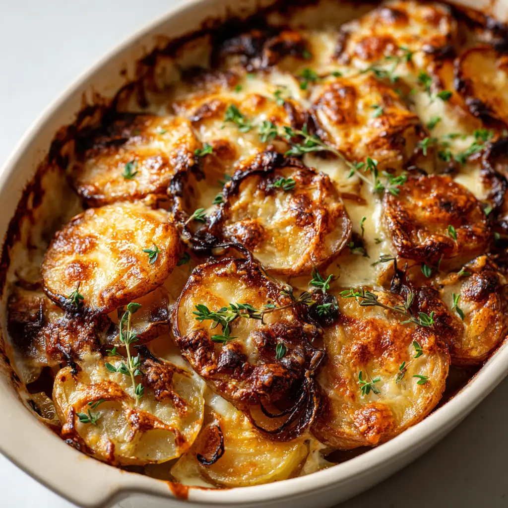 The Ultimate French Onion Potato Bake 1 Roasted overlapping Yukon gold potatoes with crispy golden-brown edges in a casserole dish.