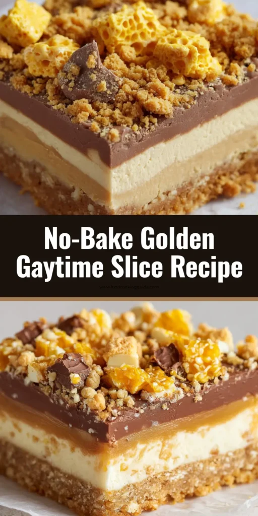 A close-up handheld smartphone photo of a square Golden Gaytime Slice with a golden biscuit base, smooth caramel filling, milk chocolate coating, and chunky honeycomb topping on parchment paper.