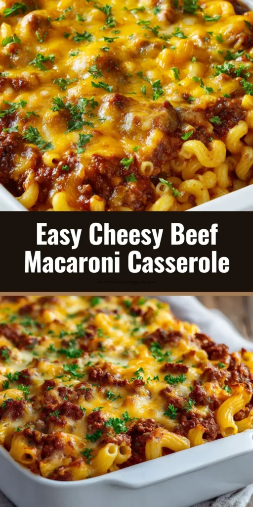 A close-up shot of a freshly baked Cheesy Beef Macaroni Casserole in a white rectangular ceramic dish, topped with bubbling cheddar cheese and chopped green parsley on a rustic wooden table.
