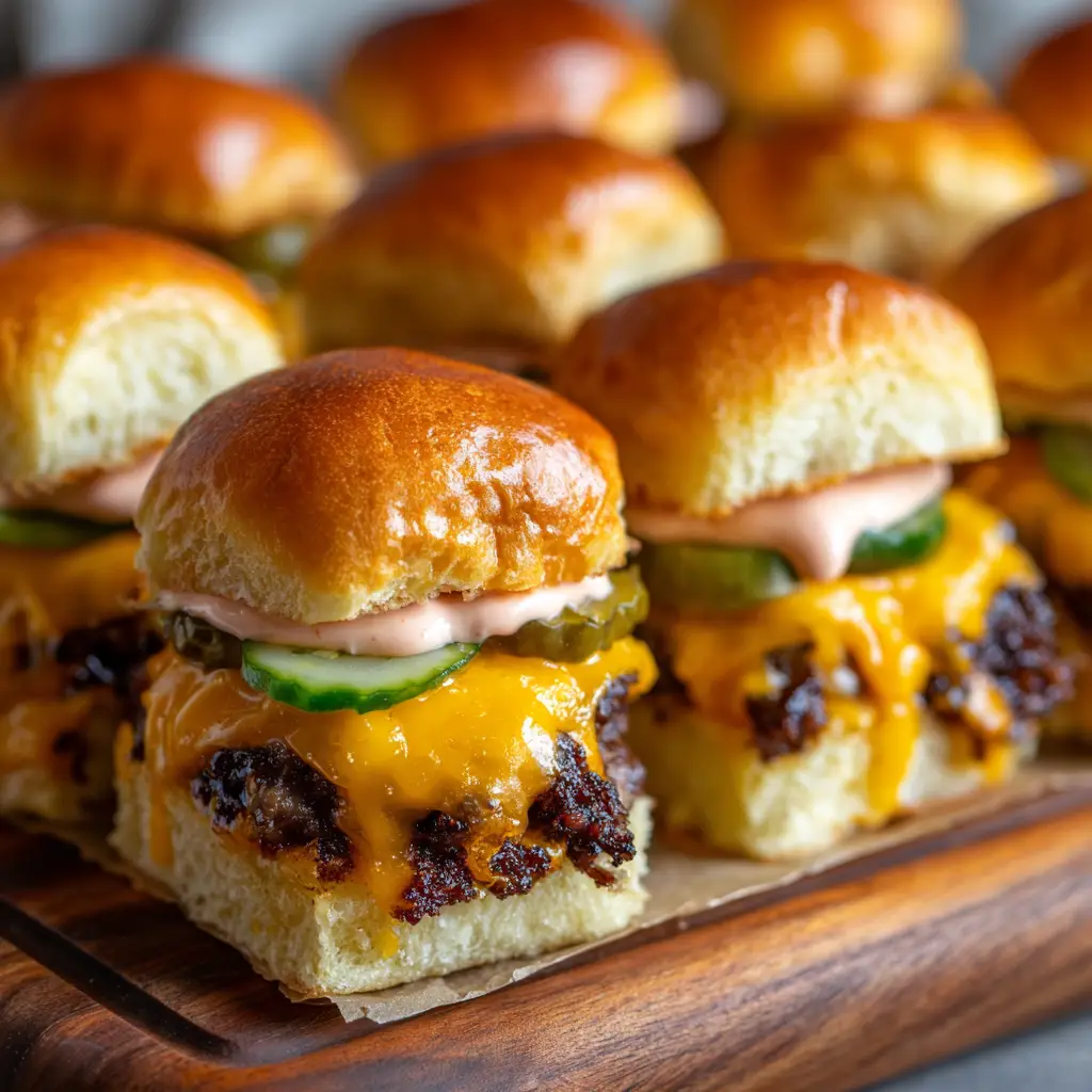 The Ultimate Mini Smash Burger Sliders Recipe 1 Thin smashed beef patties with deeply charred crispy brown laced edges cooking in a cast iron skillet.