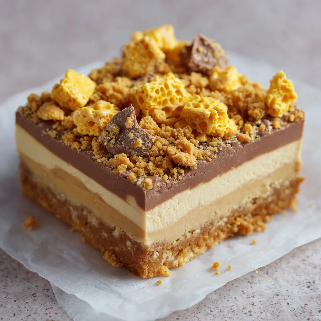 Close up view of the thick light-amber caramel layered on a densely packed crumbly golden-brown biscuit base for a Golden Gaytime Slice.