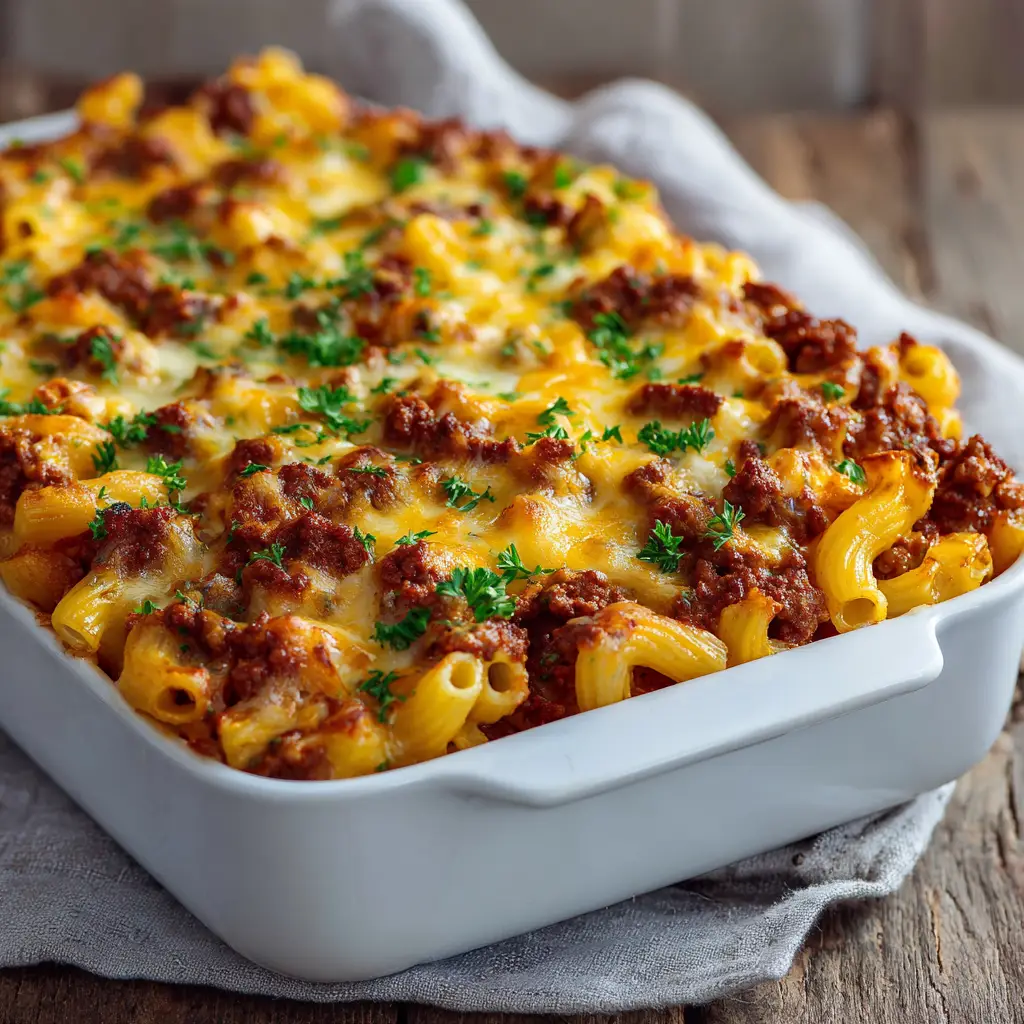 Home 8 Thick layer of melted, bubbly sharp yellow cheddar cheese with slightly browned, crispy caramelized spots covering a beef macaroni casserole.