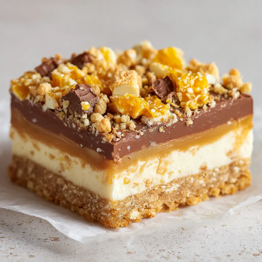 Overhead view of a Golden Gaytime Slice covered with melted milk chocolate, coarse crushed golden biscuits, and bright-yellow honeycomb pieces.