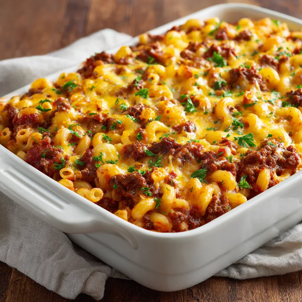 Side view of tubular elbow macaroni and crumbled ground beef mixed in a thick, rich dark red tomato sauce in a ceramic baking dish.