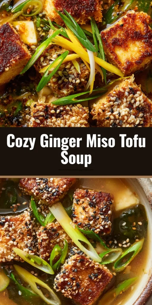 Best Ginger Miso Tofu Soup with Crispy Sesame Tofu Bowl 3 A steaming rustic bowl of Ginger Miso Tofu Soup topped with crispy sesame tofu, fresh ginger matchsticks, and scallions.