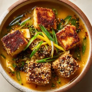 Close-up ingredients for Ginger Miso Tofu Soup including dashi, miso paste, extra-firm tofu, and toasted sesame seeds.