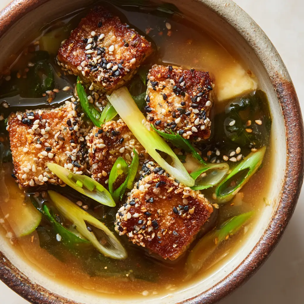 Best Ginger Miso Tofu Soup with Crispy Sesame Tofu Bowl 1 Golden pan-fried crispy tofu cubes heavily coated in white and black sesame seeds floating in cloudy golden-brown miso broth.