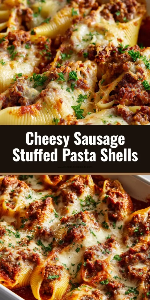 The Best Italian Sausage Stuffed Shells Recipe 3 A close up view of a white rectangular casserole dish filled with baked jumbo pasta shells. The shells are generously stuffed with a textured ricotta cheese and crumbled browned Italian sausage filling. The stuffed shells sit in a pool of thick, chunky dark red marinara sauce. The top is smothered with melted, bubbly mozzarella cheese with golden-brown charred spots. Garnished with a sprinkle of finely chopped fresh green parsley.