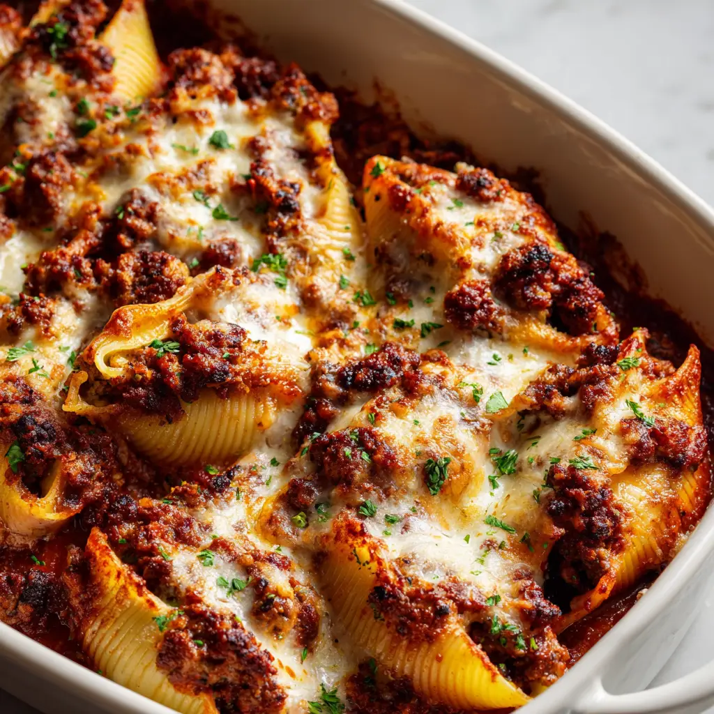 Close up of Italian Sausage Stuffed Shells in a white rectangular casserole dish with bubbling mozzarella and a textured ricotta filling.