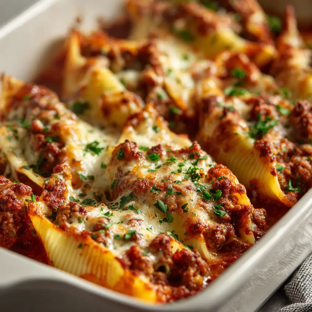 The Best Italian Sausage Stuffed Shells Recipe 1 Overhead view of Italian Sausage Stuffed Shells smothered with melted, bubbly mozzarella cheese with golden-brown charred spots.