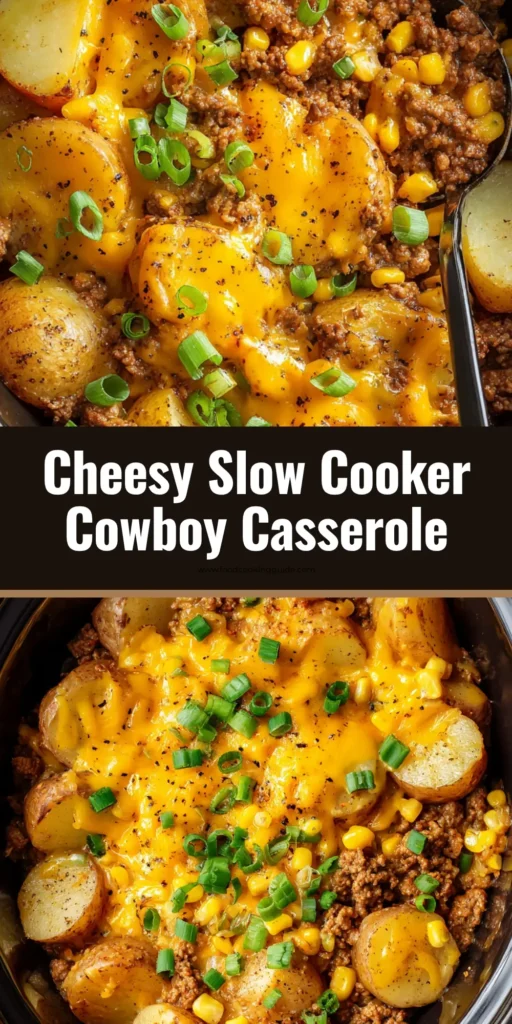 A close up overhead shot of a slow cooker ceramic crock filled with Slow Cooker Cowboy Potato Casserole, featuring browned ground beef, sweet corn, melted cheese sauce, and scallions.