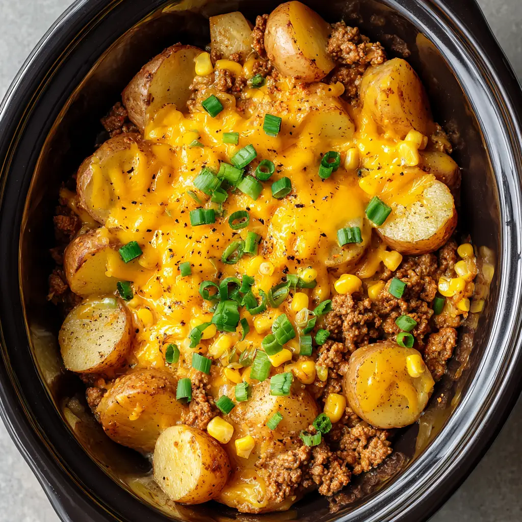 Close up overhead shot of a slow cooker filled with cowboy potato casserole, showing layered russet potatoes and seasoned ground beef under melted cheddar cheese.