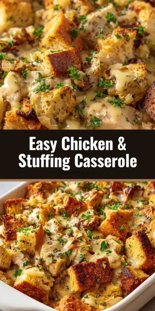 A freshly baked Chicken and Stuffing Casserole in a white ceramic dish featuring a crispy golden-brown bread crust and a pale-yellow savory sauce.