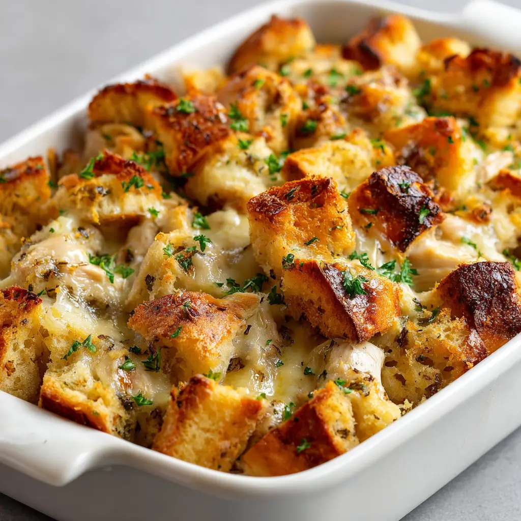 Tender white meat chicken chunks simmering in a thick, creamy, pale-yellow savory sauce.