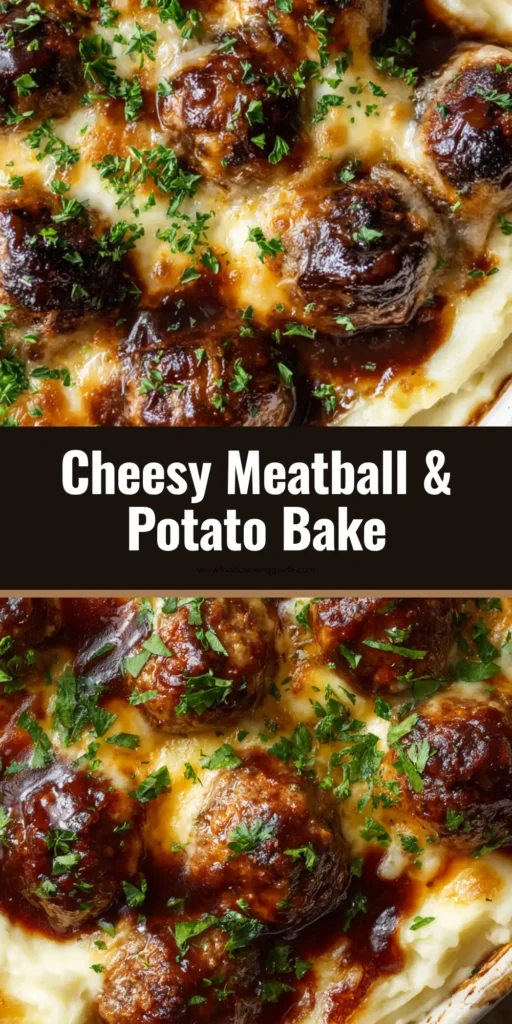 Top-down view of freshly baked meatball and mashed potato bake casserole in a rustic baking dish, featuring swirled mashed potatoes, juicy meatballs, dark gravy, melted cheese, and parsley garnish.