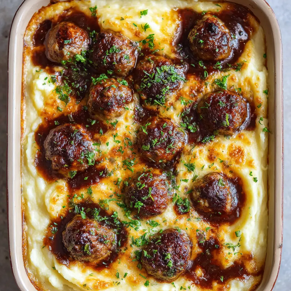 Juicy seared beef meatballs nestled into a bed of mashed potatoes and smothered in glossy dark brown gravy.