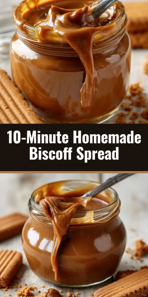 Homemade Biscoff Cookie Butter 3 A small clear glass jar filled with smooth, glossy, thick caramel-brown Homemade Biscoff Cookie Butter, with a silver spreading knife inside.