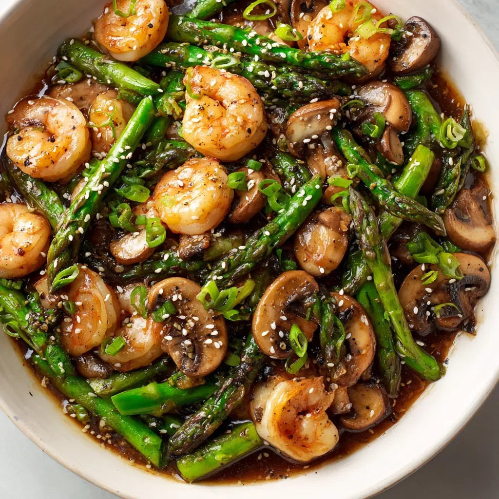 Plump pink shrimp, sliced asparagus, and seared mushrooms coated in a glistening translucent brown savory sauce.