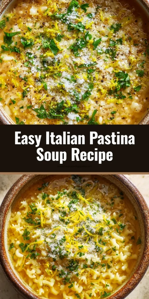Comforting Italian Pastina Recipe (Rich Golden Broth) 3 A rustic ceramic bowl of Italian pastina with golden broth, star pasta, parmesan, and lemon zest on a stone countertop.