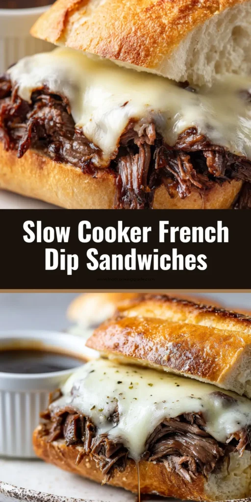 Ultimate Slow Cooker French Dip Sandwiches 3 A close-up view of a highly piled Slow Cooker French Dip sandwich on a rustic plate with a ramekin of glossy dark brown au jus sauce.