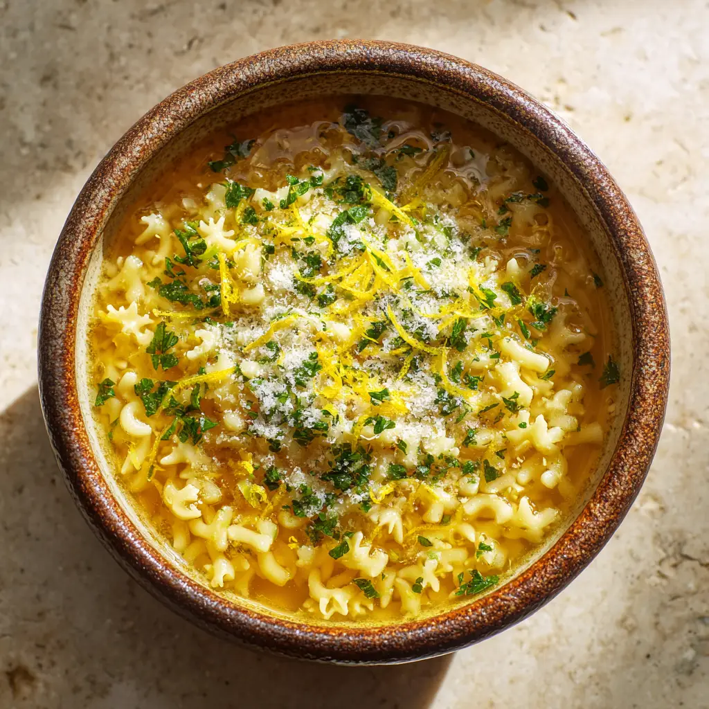 Comforting Italian Pastina Recipe (Rich Golden Broth) 2 Close-up view of fresh ingredients for Italian pastina including star pasta, lemon, parsley, and parmesan.