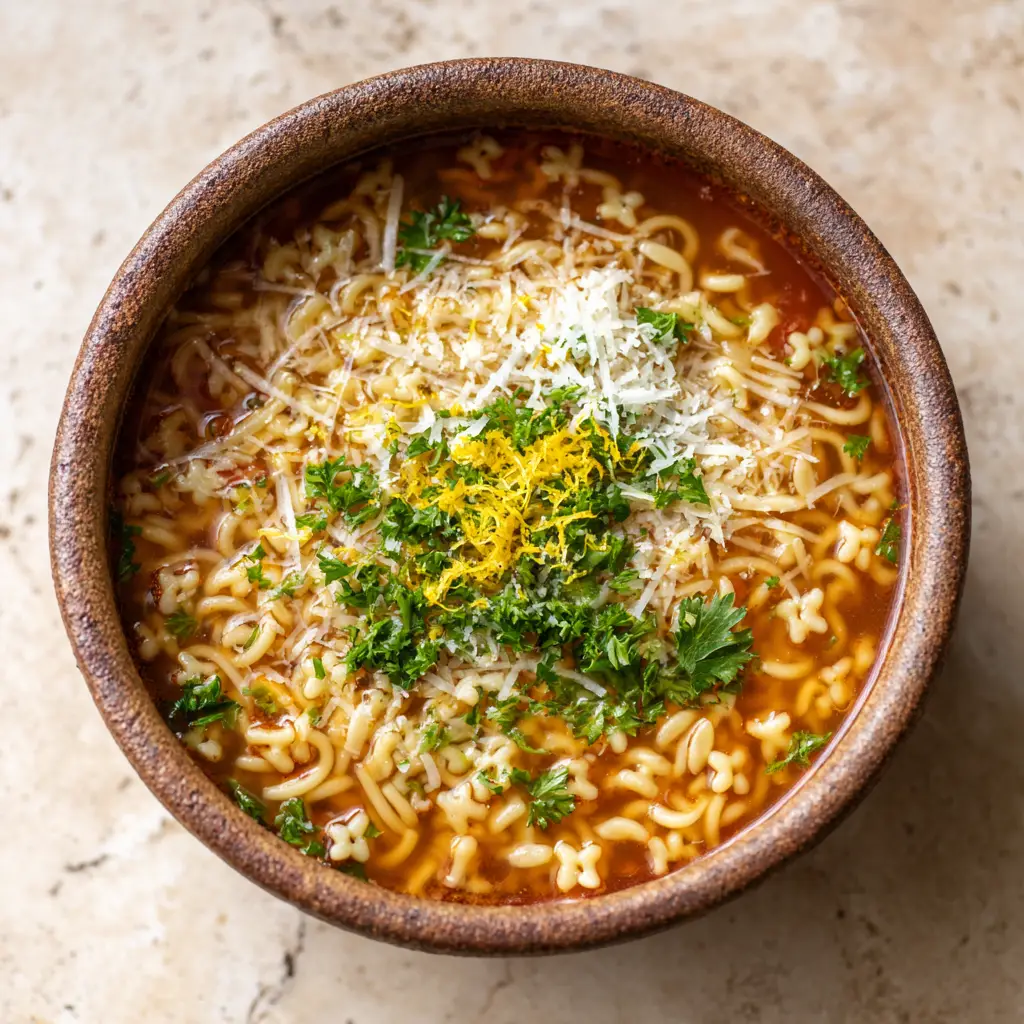 Comforting Italian Pastina Recipe (Rich Golden Broth) 1 Top-down view of cooked Italian pastina in a rich, warm golden broth, perfectly al dente.