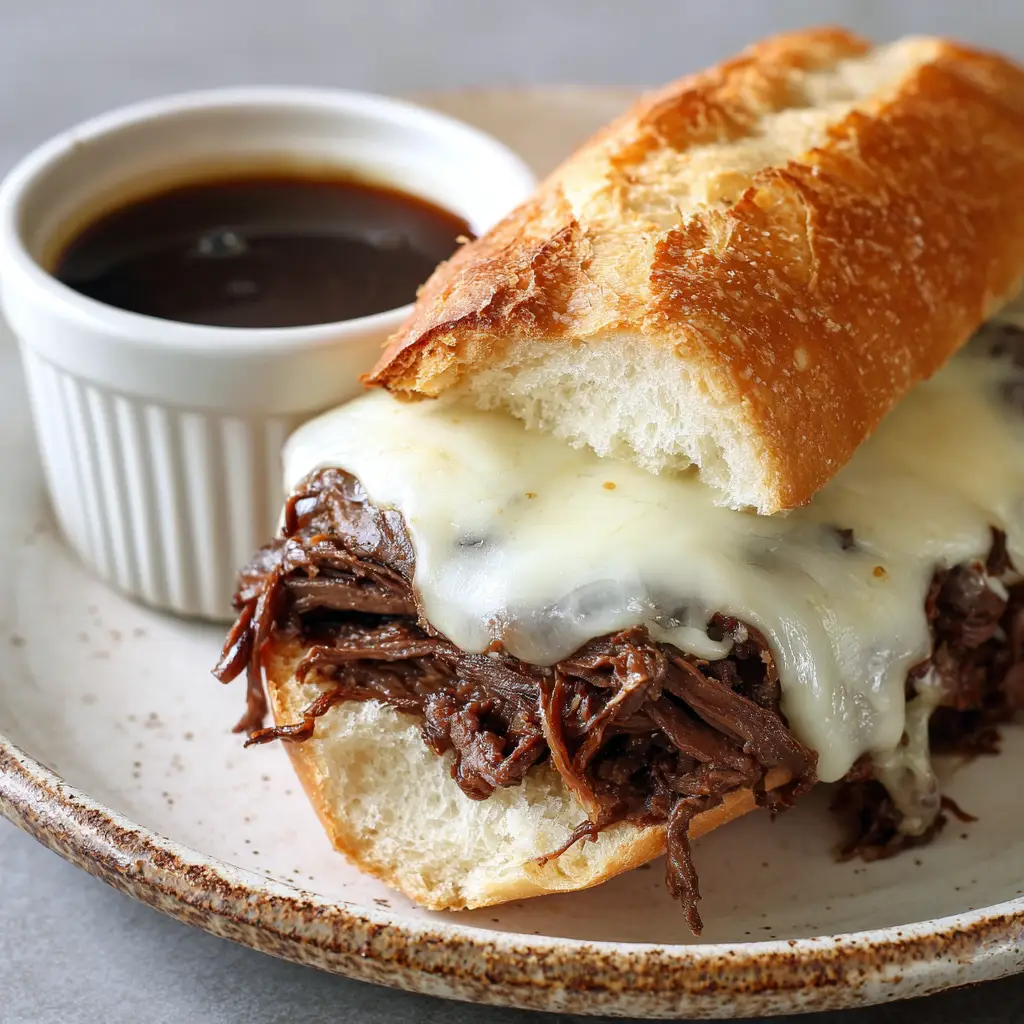 Ultimate Slow Cooker French Dip Sandwiches 2 Juicy dripping dark brown shredded beef piled on a split toasted hoagie roll for a Slow Cooker French Dip.