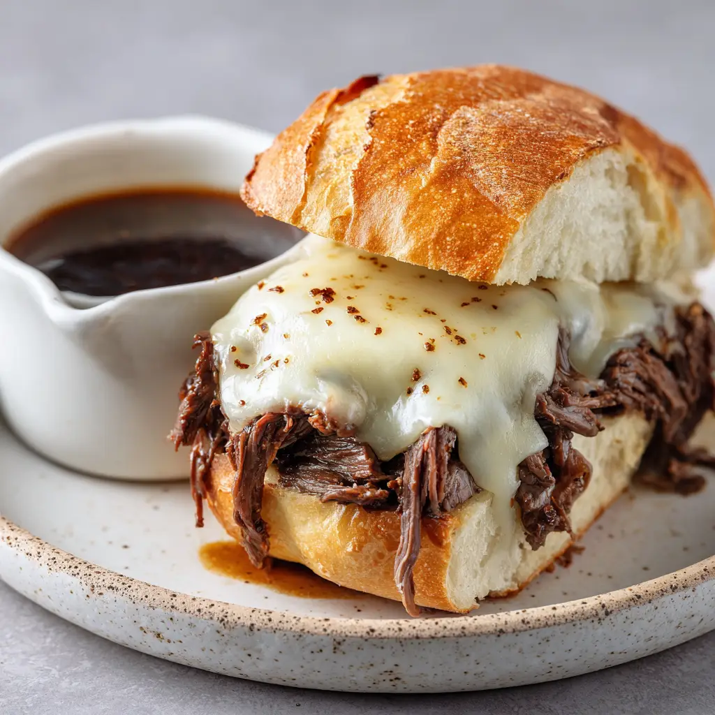Ultimate Slow Cooker French Dip Sandwiches 1 A thick layer of white melted provolone cheese draped over hot beef on a French dip sandwich, slightly browned in spots from a broiler.