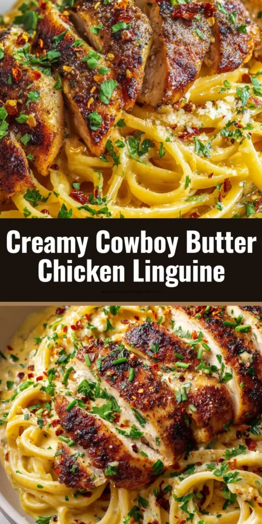 Cowboy Butter Chicken Linguine 4 A close-up shot of Cowboy Butter Chicken Linguine completely coated in a glossy, golden-yellow creamy butter sauce, topped with thick slices of seared chicken breast.