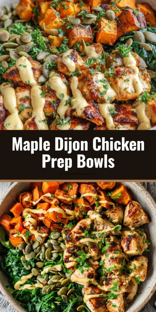Maple Dijon Chicken Bowl: The Ultimate Harvest Recipe 3 A rustic ceramic bowl featuring a Maple Dijon Chicken Bowl with sweet potatoes, spinach, and a creamy mustard drizzle.